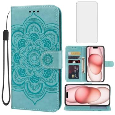 Imagem de Bohefo Capa para iPhone 15 Plus de 6,7 polegadas, capa carteira para Apple 15 Plus com protetor de tela de vidro temperado, capa flip de couro mandala com suporte para cartão de crédito para iPhone 15