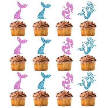 Imagem de BIABISD 12 peças de enfeite de cupcake de sereia com tema de cauda de sereia, decorações de festa de aniversário de sereia