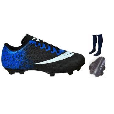 Imagem de Chuteira Campo Adulto Infantil com Meião Caneleira - Perflex, Preto az