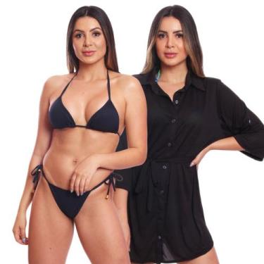 Imagem de Kit Saída de Praia Chemise Camisão Feminino + Biquini Cortininha de Am