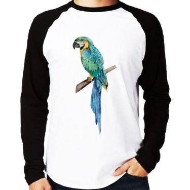 Imagem de Camiseta Raglan Arara Azul Manga Longa - Foca na Moda, Branco, Preto, 