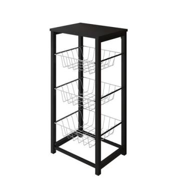 Imagem de Fruteira de Chão Cozinha Desmontada Aço Preto Cesto Branco Tampo Preto