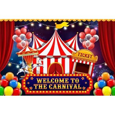 Imagem de Canessioa Cenário de carnaval de circo, bem-vindo ao cenário de carnaval, cortina vermelha, tenda roda-gigante, tema de carnaval, fundo de festa de circo, fundo de mesa de bolo de bebê, adereços de