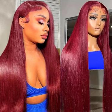 Imagem de Perucas de cabelo humano liso com tela frontal 99J pré-arrancadas com cabelo de bebê para mulheres negras, 33 x 10 cm, peruca frontal entrelaçada bordô, cabelo humano virgem brasileiro sem cola (61 cm)