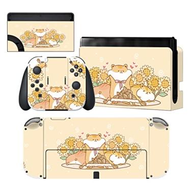 Imagem de PlayVital Conjunto completo de adesivos de proteção para Nintendo Switch OLED, capas de decalque de vinil personalizadas para console Switch OLED e Joycon e Dock & Grip - Hamster e girassol