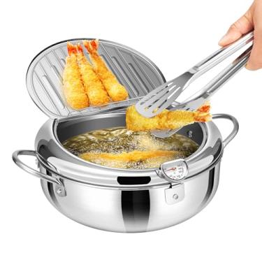 Imagem de VIVOHOME Frigideira de aço inoxidável 304 de 28 cm com pinça, frigideira tempura com termômetro para frango, peixe, batatas fritas, camarão