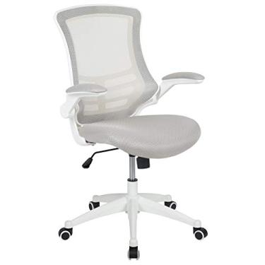 Imagem de Flash Furniture Kelista Cadeira de escritório ergonômica giratória de malha cinza clara com moldura branca e braços articulados