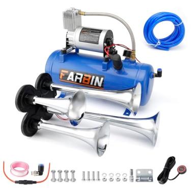 Imagem de FARBIN Buzina de trem para caminhão 178DB buzinas de ar super altas, kit de 4 buzinas de trompete com compressor de ar 150 PSI 12V tanque de ar 6L para caminhão, carro, Jeep SUV, trem barco (kit de