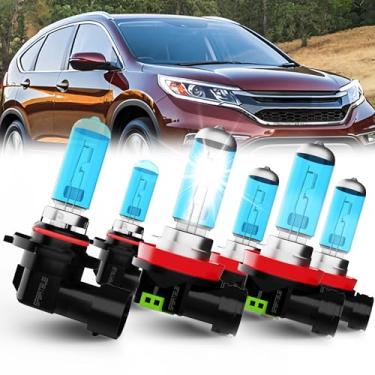 Imagem de SPBRTBUB Lâmpadas de farol compatíveis com Honda CR-V 2015 2016 2017 2018 2019 2021 2022 Lâmpada de halogêneo, 9005/HB3/H10 Farol alto + H11/H8/H9 Faróis de neblina H11, pacote com 6