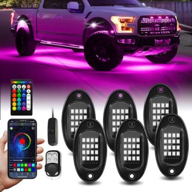 Imagem de 6 pods luzes de LED RGB com controle remoto APP/RF, alto brilho, à prova d'água, luz de neon para rocha externa de neon para caminhões de 12 V, Jeep UTV, ATV, RZR, acessório de SUV