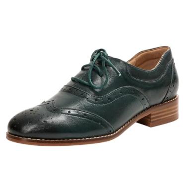 Imagem de Mona flying Sapato Derby feminino casual com ponta de asa Oxfords Brogue feito à mão em couro, Preto/Verde, 35