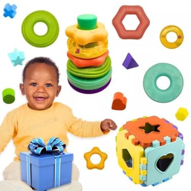 Imagem de Kit torre de montar encaixar Brinquedo educativo infantil Cubo monta desmonta jogos recreativo pedagógicos didático infantis formas geometricas creche escola presente menino menina dia das criança