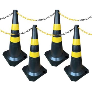 Imagem de 4 Cones de Sinalização para Estacionamento 75cm e 4m de Corrente de Isolamento (Preto e Amarelo)