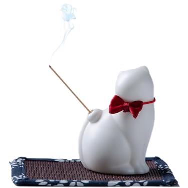 Imagem de Suporte de incenso feito à mão para queimador de incenso, de cerâmica, com tapete de bambu, decoração de gato, suporte de incenso para palitos para aromaterapia, ioga, meditação, suporte de anel