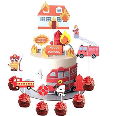 Imagem de 22 peças de enfeite de cupcake de caminhão de bombeiros com tema de bombeiro, chá de bebê, festa de aniversário