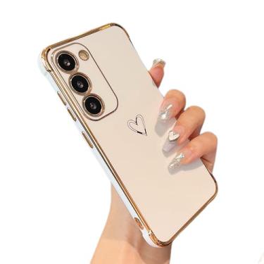Imagem de ZTOFERA Capa para Samsung Galaxy S23 5G, linda estampa de corações de amor com borda banhada de luxo com proteção de lente de câmera, capa de telefone para Galaxy S23 5G 6,1 polegadas, branca