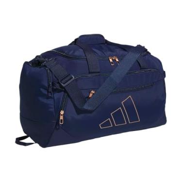 Imagem de adidas Bolsa esportiva Defender 5.0, durável para viagem e academia, para homens e mulheres, Azul escuro/ouro rosa, Small (42L), Bolsa esportiva pequena Defender 5