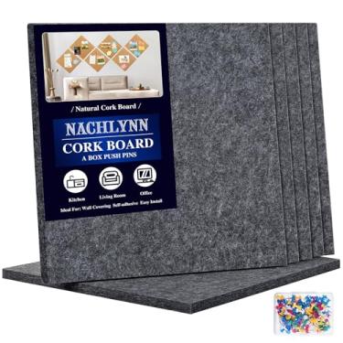 Imagem de NACHLYNN Quadros de cortiça de feltro para parede, pacote com 6, 30 x 30 cm, placa de cortiça autoadesiva, cinza, quadro de avisos quadrado com 100 pinos de pressão, azulejos de cortiça sem moldura