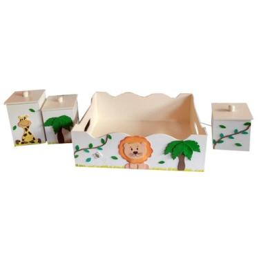 Imagem de Kit Higiene Bebê MDF 4 Peças Cesta Organizadora Safári Bichinhos da Fl