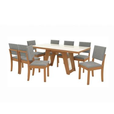 Imagem de Conjunto de Mesa de Jantar Retangular com Tampo de Vidro Off White Cinara e 8 Cadeiras Luna Bouclé Cinza e Canela