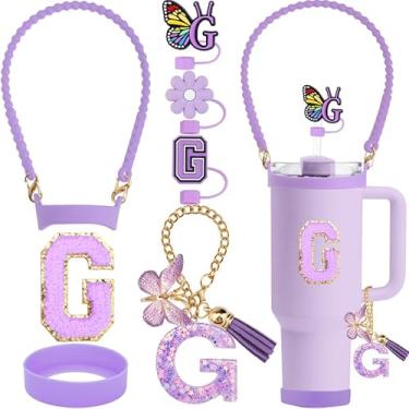 Imagem de ZYBIDEAL Conjunto de acessórios roxos de 8 peças para Stanley Cup, 3 peças de canudo de 10 mm, alça de silicone para garrafa de água, bota para Stanley 30 e 1,134 g, corrente com pingente de letra,