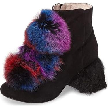 Imagem de Cecelia New York Minot Black Suede Multi Color Faux Fur Pompom Chunky Bootie (8)