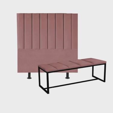 Imagem de Kit Cabeceira Carla e Calçadeira Industrial 140cm Casal Box Ferro Preto Suede Rose - Ahz Móveis