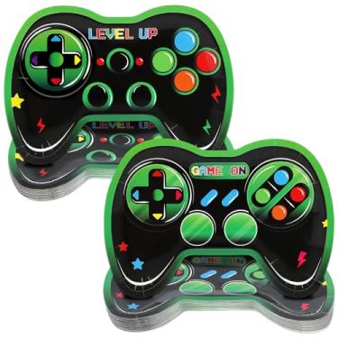 Imagem de 48 peças verdes suprimentos de festa de videogame pratos de papel para jogos, decorações de aniversário, pratos descartáveis em forma de gamepad, jogo verde em controladores, utensílios de mesa, placa