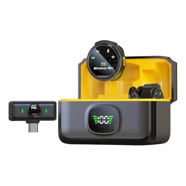 Imagem de Microfone de Lapela Redondo Imã Sem Fio Preto Lapela Magnética Dupla Anti Ruído para Celular USB C Microfone Plug-play 2 em 1 com Capa de Carregamento
