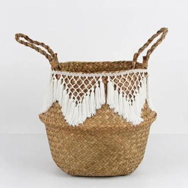 Imagem de Cesta de armazenamento de algas marinhas cesta de lavanderia de renda cesta de flores de vime natural organizador de brinquedos de palha, preto e branco (branco, 32 x 28 cm)