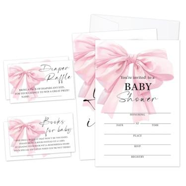 Imagem de Convites de chá de bebê Pink Bow, convites de preenchimento para anúncio de bebê revelação de gênero, lembrancinhas de festa e acessórios (25 convites com envelopes, 25 bilhetes de sorteio Dipaer e 25