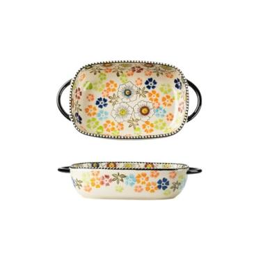 Imagem de Conjunto de tigela e prato de cerâmica Bangcheng, tigela de arroz caseira estilo pastoral e prato de vegetais - A assadeira retangular de orelhas duplas