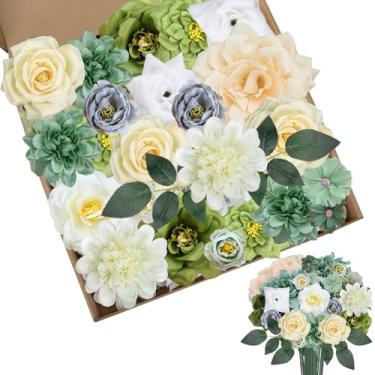 Imagem de QUOZUO Conjunto de flores artificiais, peônias verdes mistas de flores de seda, buquê de rosas para buquês DIY, chá de bebê, centros de mesa de mesa, decoração de casa, arranjos florais falsos