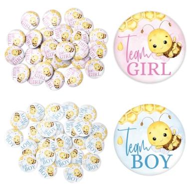 Imagem de JarThenaAMCS 50 peças de botão de revelação de gênero de abelha botão de equipe menina menino botão rosa azul bonito distintivo de metal para chá de bebê lembrancinha de festa suprimentos de jogos