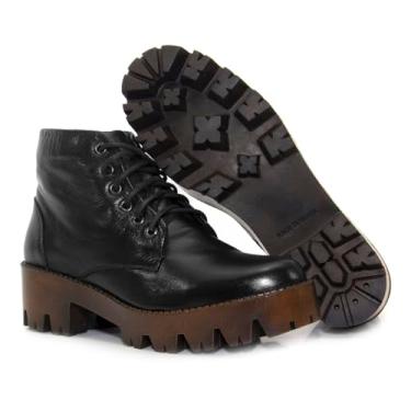 Imagem de Bota Coturno em Couro Marrom, Solado Tratorado, Cadarço, Estilo Militar (Preto, BR, Adulto, Numérico, 38)