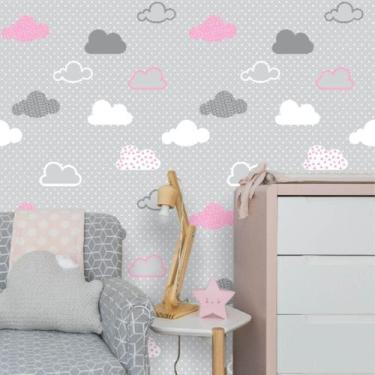 Imagem de Kit 3 Rolos Papel de Parede Infantil Nuvens Cinza e Rosa - Inove Papéi