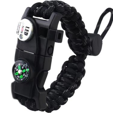 Imagem de Pulseira de sobrevivência Daarcin Paracord, com luz SOS à prova d 'água, iniciador de fogo, bússola, apito, ajustável AK87 20 em 1, conjunto de equipamentos de sobrevivência tática para atividades ao ar livre, presente para crianças, homens, Black Reflective