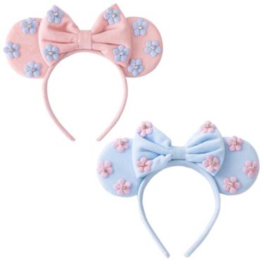 Imagem de KARETT Tiara de orelhas Minnie Mouse com 2 peças de orelhas Disney azuis e rosa para decoração de aniversário de crianças e mulheres
