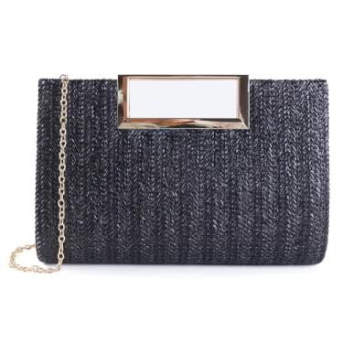 Imagem de Bolsa clutch de palha para mulheres bolsa de verão de vime bolsas transversais de palha bolsas de ráfia alça superior bolsas de noite viagem 2025, Preto