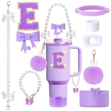 Imagem de MOTEERLLU Conjunto de acessórios de copo Stanley roxo de 9 peças para copo de 850 g 1,275 g com alça, incluindo enfeite de palha de arco e bota, alça de alça de pérola e pingente de alça, adesivo de