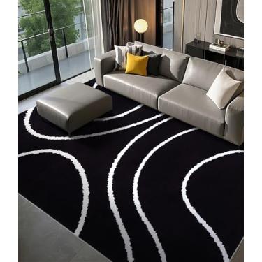 Imagem de YIHOUSE Tapetes pretos modernos 20 x 25 cm, tapetes grandes pretos e brancos para sala de estar, tapete lavável em ondas 20 x 25, tapete geométrico abstrato fino, tapetes listrados minimalistas para