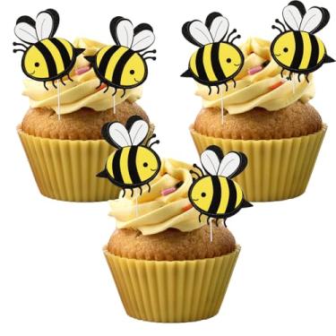 Imagem de 50 peças de enfeite de cupcake de abelha de camada dupla para decoração de bolo com tema de abelha, festa de aniversário, chá de bebê, artigos de festa de casamento