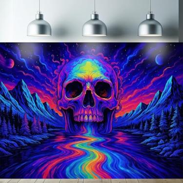 Imagem de Starlit Patio Tapeçaria psicodélica crânio rio luz negra UV reativo parede montanhas trippy galáxia fluxo de energia fluorescente quarto dormitório sala de estar gótico terror decoração pôster 182 x