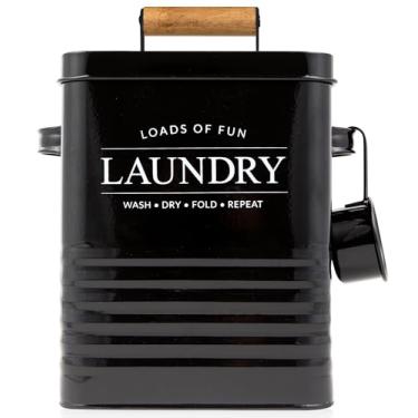 Imagem de Calindiana Suporte de recipiente de sabão de lavanderia de metal da Modern Farmhouse com colher para decoração de lavanderia e economia de espaço, organização e armazenamento de lavanderia, recipiente para pó de lavanderia, preto