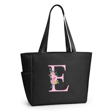 Imagem de KALIDI Sacola de praia personalizada, bolsa de compras com zíper inicial do alfabeto para mãe, professora, amiga, casamento, compras diárias, Preto e, Large