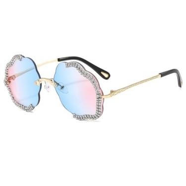 Imagem de Óculos de sol vintage fashion diamante feminino oversized armação sem aro óculos de sol tons UV400 óculos de grau, azul rosa, tamanho único