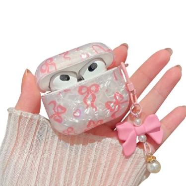Imagem de MINSCOSE Capa para AirPods 4 com glitter, design moderno de fita de laço com laço e pérola, capa protetora à prova de choque para Apple Airpods iPod 4ª geração para mulheres e meninas - rosa