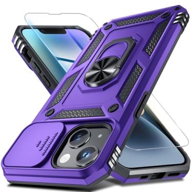 Imagem de Janmitta Capa para iPhone 14/iPhone 13 Capa para lente de câmera deslizante embutida + protetor de tela, capa de telefone de corpo inteiro resistente à prova de choque com suporte de anel de dedo