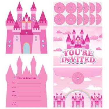 Imagem de Castelo Rosa Convites de Festa de Princesa com Envelopes Adesivos 20 Conjuntos de Convites de Aniversário de Princesas para Meninas Crianças Chá de Bebê Tema de Aniversário Decorações de Festa