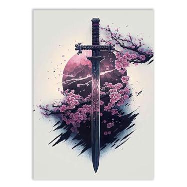 Imagem de Placa Decorativa Espada Japonesa Ilustração Cerejeira Decoração Poster Quarto Sala